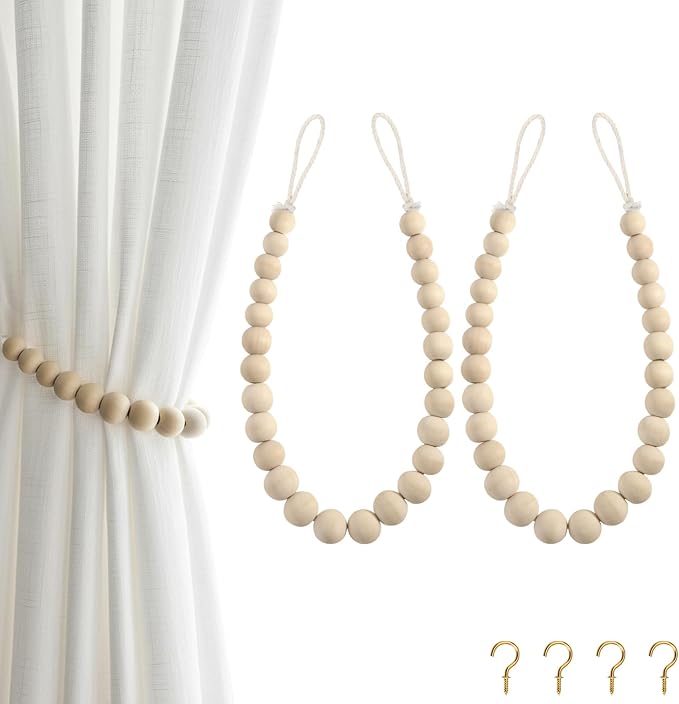 Hion 2 Pcs Boho Curtain Tiebacks, Wood Beads Curtain Holdbacks, Outdoor by Hion