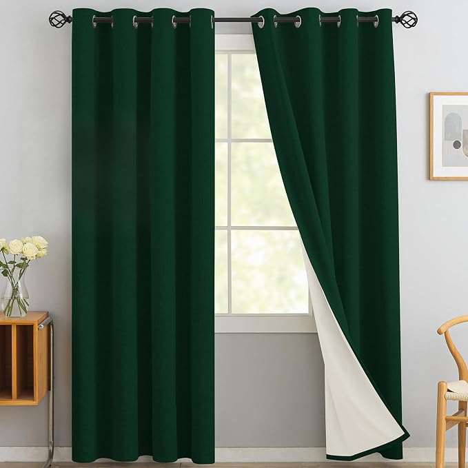 Yakamok Dark Green Linen Curtains 100% Blackout 84 Inches Long, Room Darkening by Yakamok