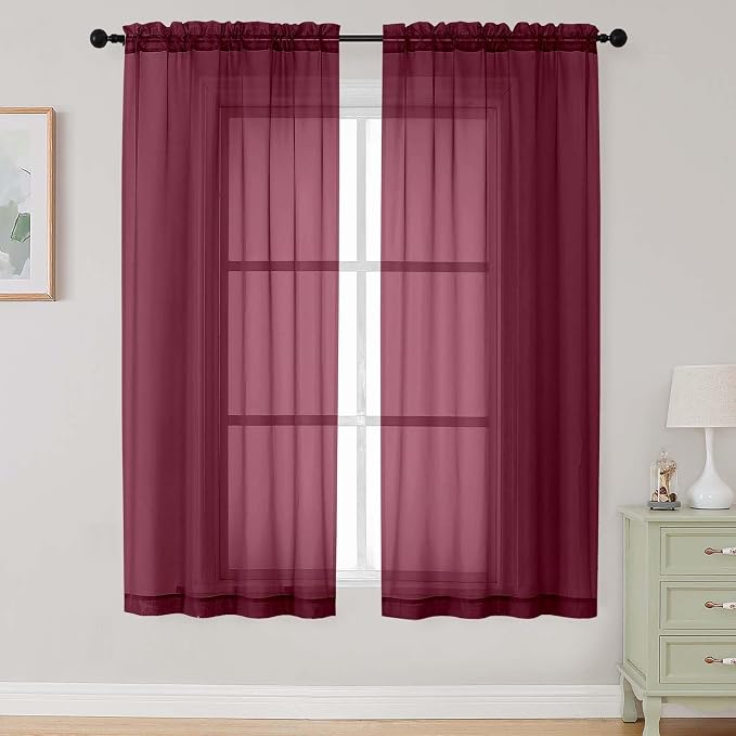 Burgundy Sheer Curtains 63 Inch Length 2 Panels Set by WelvetBLK