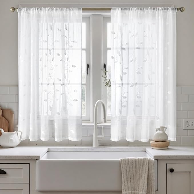 HOMEIDEAS White Sheer Kitchen Curtains 52 x 45 Inch Length 2 Panels Embroidered - Image 2