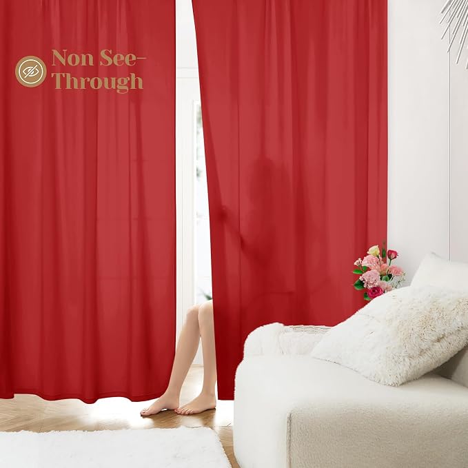 HOMEIDEAS Christmas Non-See-Through Red Privacy Sheer Curtains, 52 X 63 Inches - Image 2