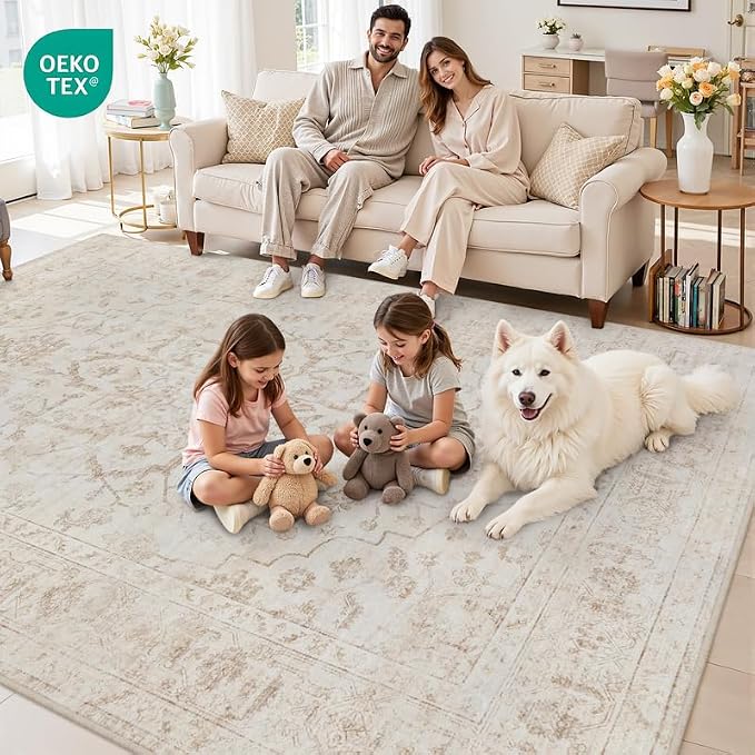 6x9 Area Rugs Living Room: Bedroom Washable Carpet Warm Beige | Vintage Boho - Image 8