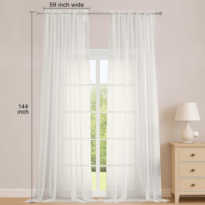 OWENIE Extra Long Ivory Sheer Curtains 144 inch 2 Panels Set, Translucent - Image 2