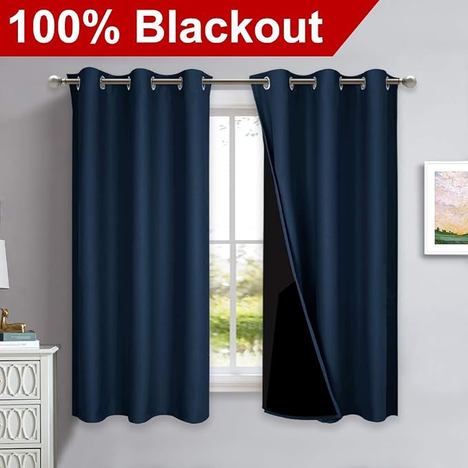 NICETOWN 100% Blackout Short Curtain Panels, Thermal Insulated Black Liner - Image 2