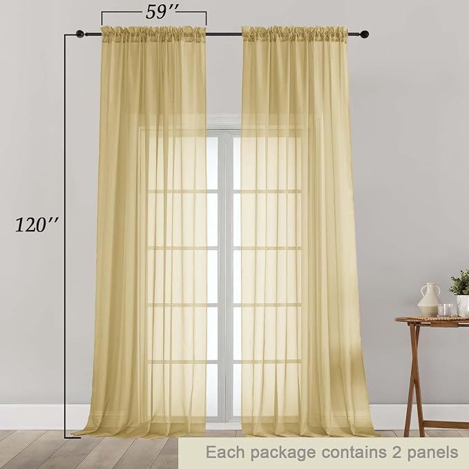 Extra Long Gold Sheer Curtains for Bedroom Living Room 120 Inches Long 2 Panels - Image 2