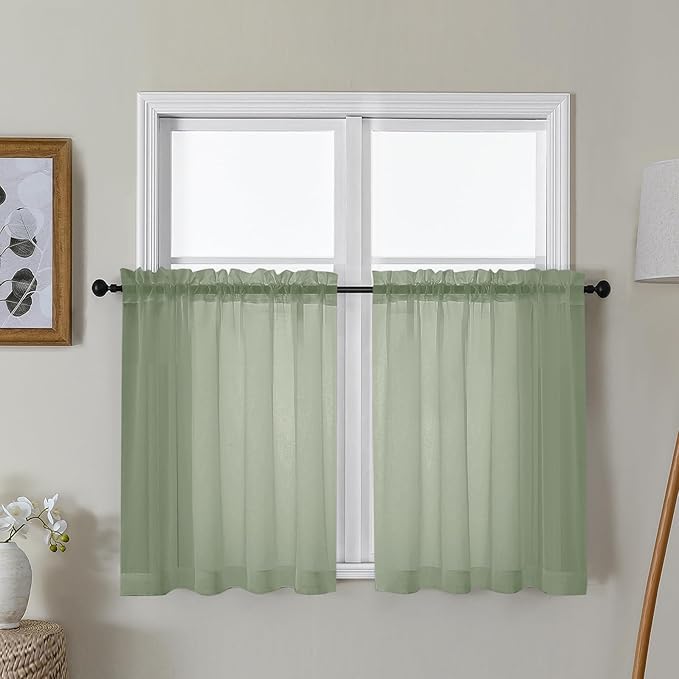 Gwine Sage Green Sheer Curtains 30 Inch Length, Short Light Filtering Voile by Gwine