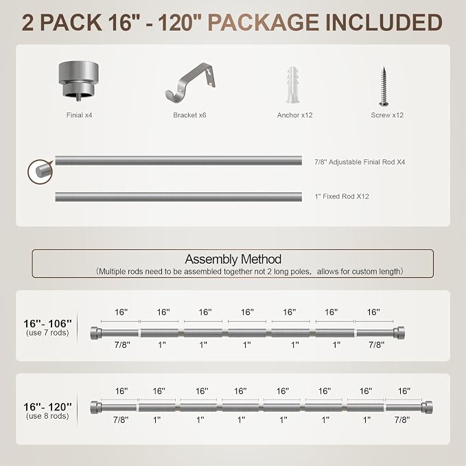 Lootkell 2 Pack Modern Silver Curtain Rods - Image 8