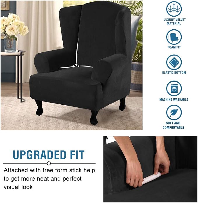H.VERSAILTEX Wingback Chair Covers Velvet Plush Wing Chair Slipcover 1 Piece - Image 4