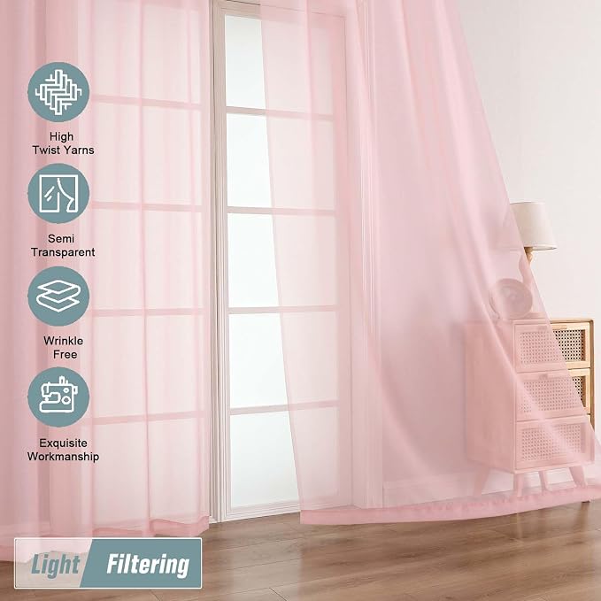 Blush Sheer Curtains 63 Inch Length 2 Panels, Voile Sheer Curtain - Image 5