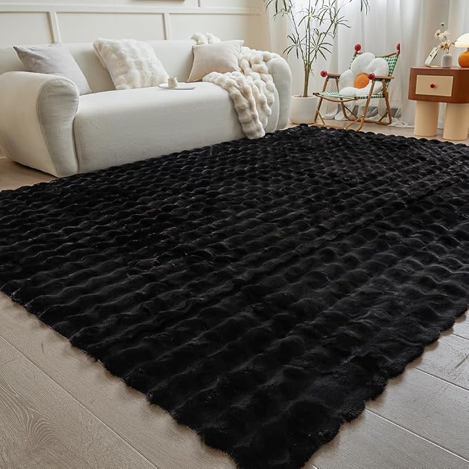Black Rabbit Plush Rug 6'x9', Fluffy Faux Fur Shaggy Area Rug - Image 4
