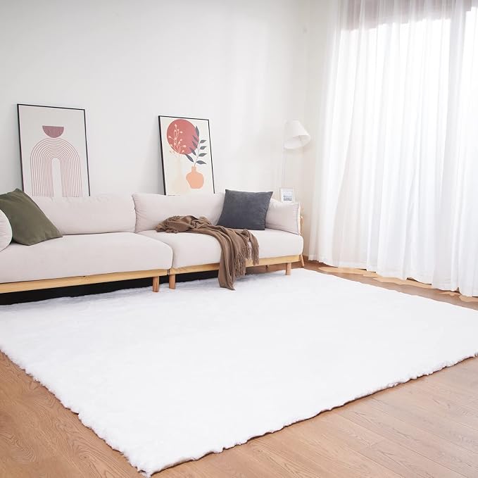 Ghouse White Faux Rabbit Fur Rug 6x9 Machine Washable Area Rugs by Ghouse