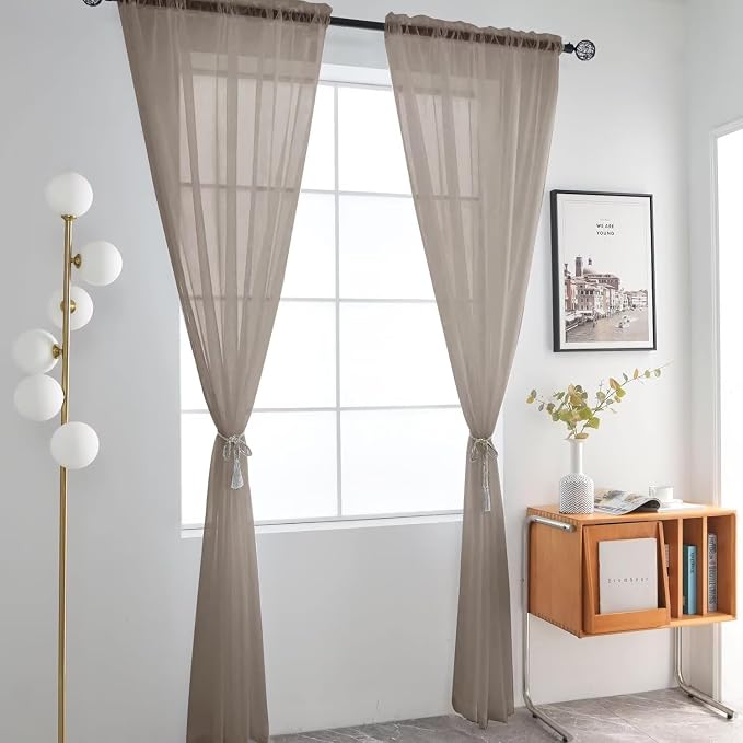 SpaceDresser Basic Rod Pocket Sheer Voile Window Curtain Panels Taupe 1 Pair 2 - Image 2