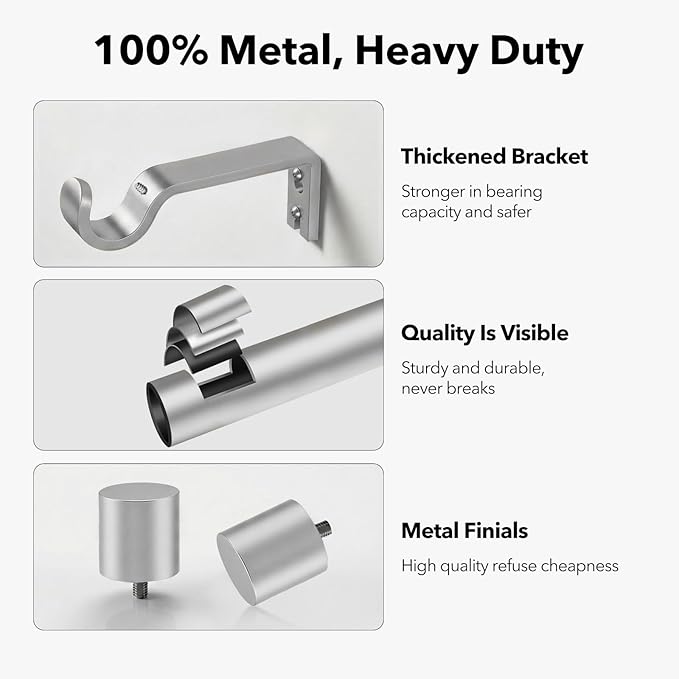 IFELS Heavy Duty Curtain Rods for Windows 72 to 144 Inch, 1 Inch Silver Curtain - Image 4