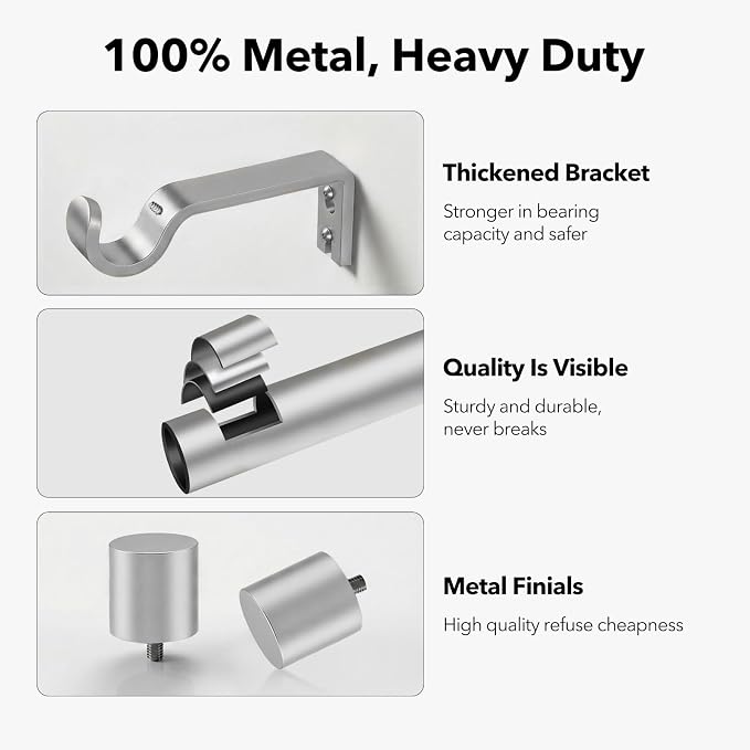 IFELS Heavy Duty Curtain Rods for Windows 66 to 120 Inch, 1 Inch Silver Curtain - Image 4