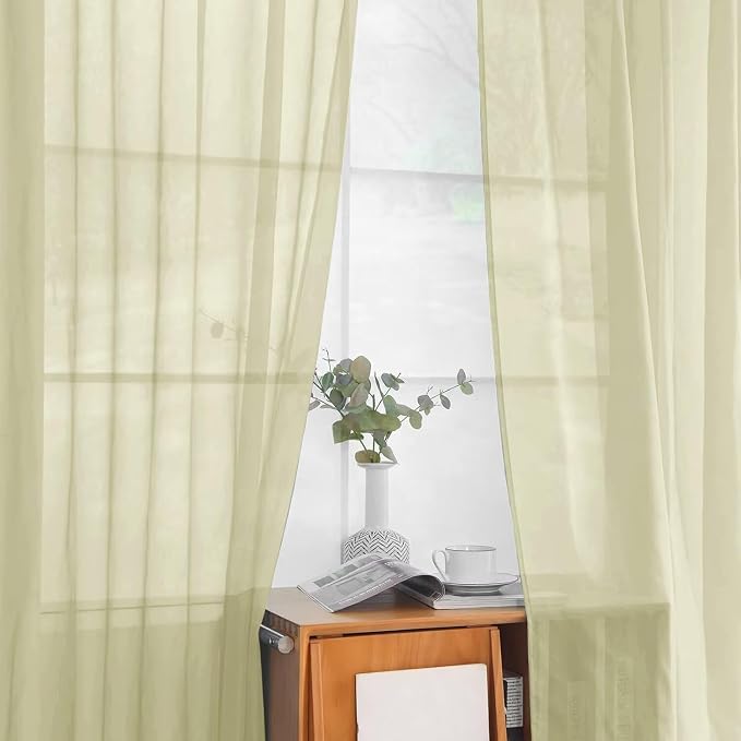 youleyar Solid Sheer Rod Pocket Curtain Voile Draperies 2 Panels White Beige - Image 4