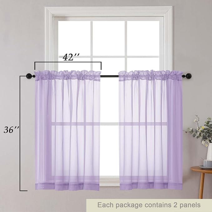 Cafe Curtains 36 Inch Length Tier 2 Pieces, Modern Soft Airy Sheer Kitchen - Image 2