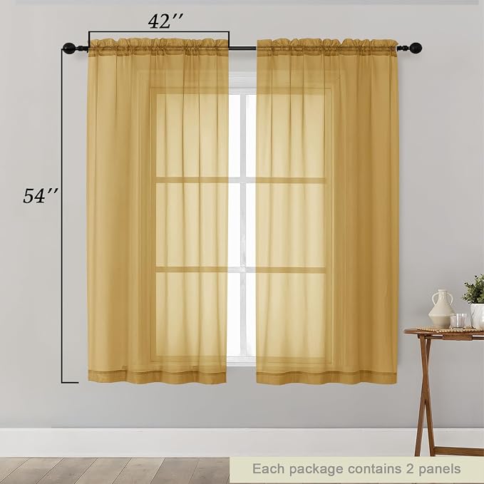 Sheer Gold Curtains for Bedroom Living Room 54 Inch Length 2 Panels Set - Image 2
