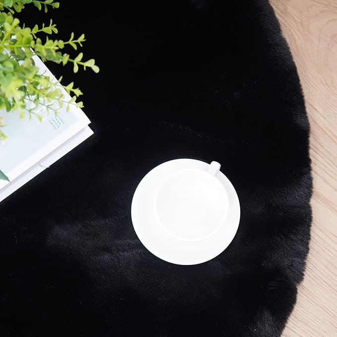 Ghouse Faux Rabbit Fur Round Rug 6ft Black Round Rugs - Image 5