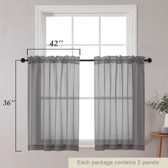 Cafe Curtains 36 Inch Length Tier 2 Pieces, Modern Soft Airy Sheer Kitchen - Image 2