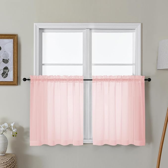Gwine Blush Pink Sheer Curtain Tiers 24 Inch Length, Light Filtering Voile by Gwine