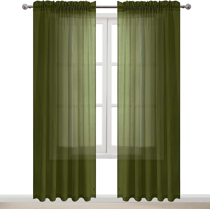 DWCN Olive Green Sheer Curtains Semi Transparent Voile Rod Pocket Curtains - Image 9
