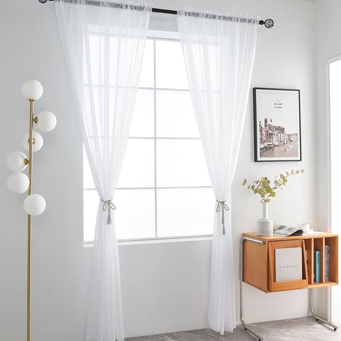 SpaceDresser Basic Rod Pocket Sheer Voile Window Curtain Panels White 1 Pair 2 - Image 2