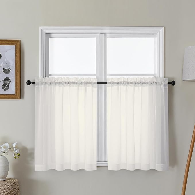 Gwine Ivory Sheer Curtains 30 Inch Length, Short Light Filtering Voile Small by Gwine