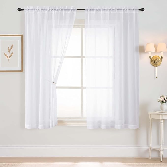 White Sheer Curtains 63 Inch Length 2 Panels, Voile Sheer Curtain by Home