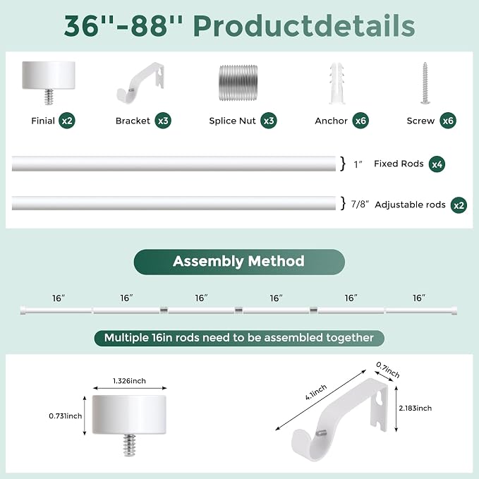 VOIIY White Curtain Rods for Windows 48 to 84 Inch, Size:36-88 Inch - Image 8