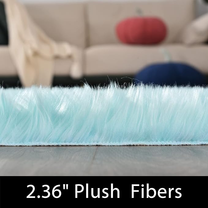 Latepis Fluffy Light Blue Round Rug 5ft Faux Fur Fluffy Washable Rugs Shag - Image 2