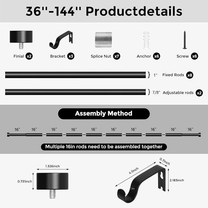 VOIIY Curtain Rods for Windows 72 to 144 Inch, Size:36-144 Inch - Image 8