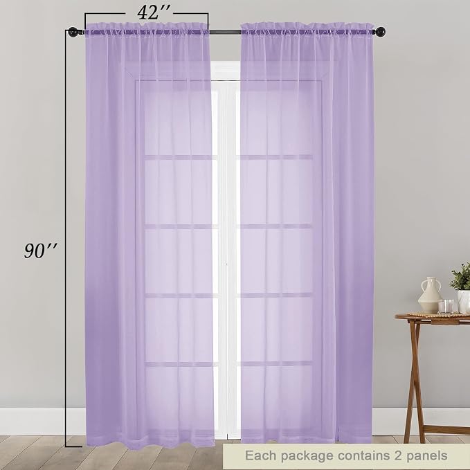 Sheer Lavender Curtains for Bedroom Living Room 90 Inches Long 2 Panels Set - Image 2