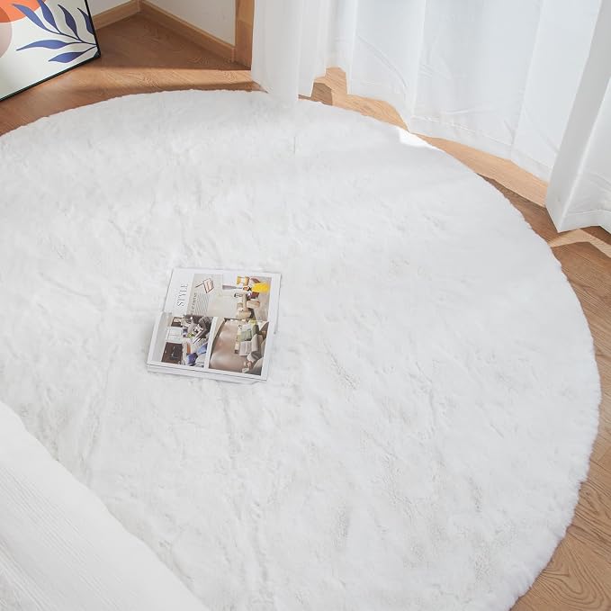 ORINOVA White Faux Fur Round Rug 4ft Fluffy Rabbit Fur Rug Machine Washable - Image 4