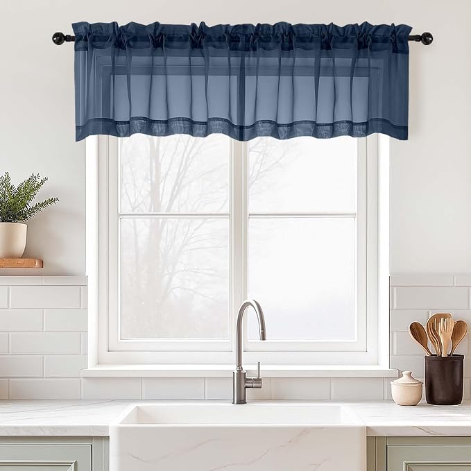 Navy Blue Valances for Windows 14 inch Length 2 Panels, Small Voile Sheer by Home