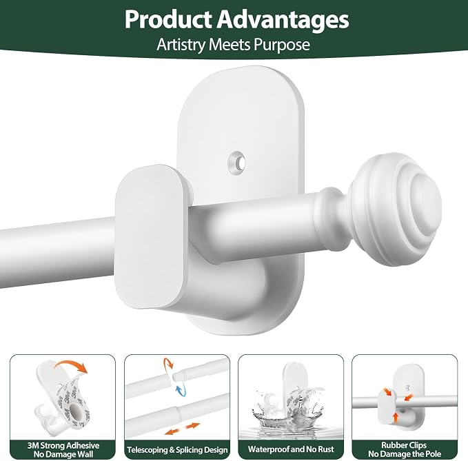 KAMANINA White Curtain Rod No Drilling 32 to 58 Inches, 5/8 Inch Adjustable - Image 9