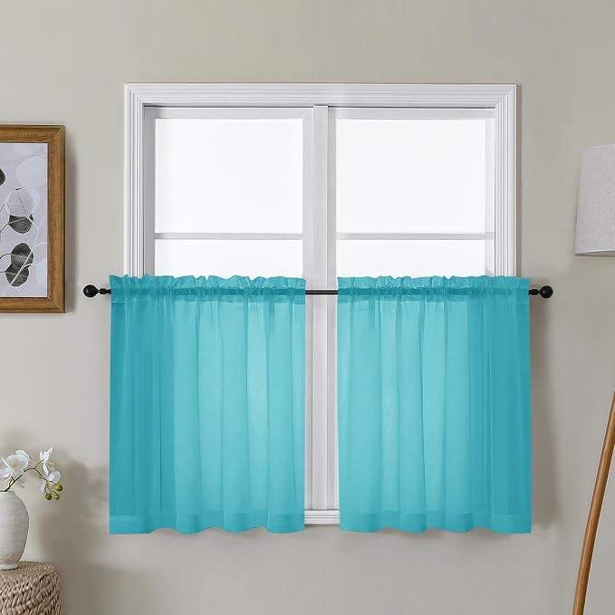 Gwine Turquoise Sheer Curtain Tiers 24 Inch Length, Light Filtering Voile Short by Gwine