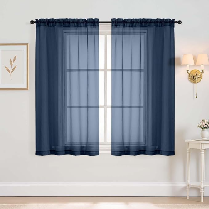Navy Blue Window Sheer Curtains 54 inch Length, Soft Airy Light Filtering Sheer by Home