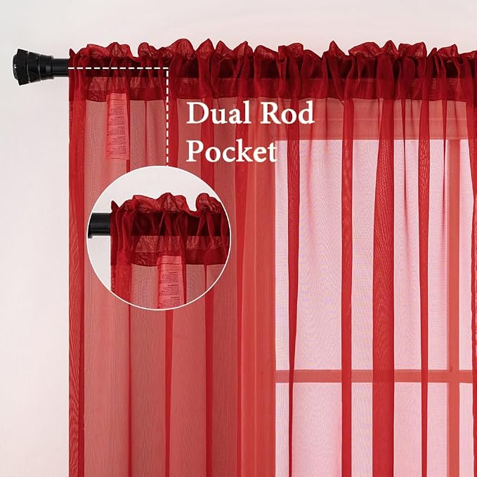 MIULEE 2 Panels Red Solid Color Sheer Christmas Window Curtains Elegant Window - Image 3