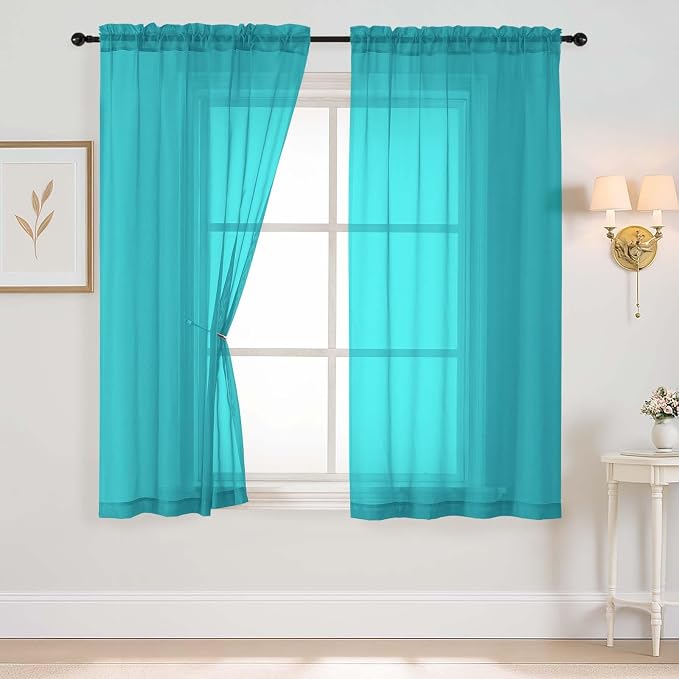 Turquoise Sheer Curtains 63 Inch Length 2 Panels, Voile Sheer Curtain by Home