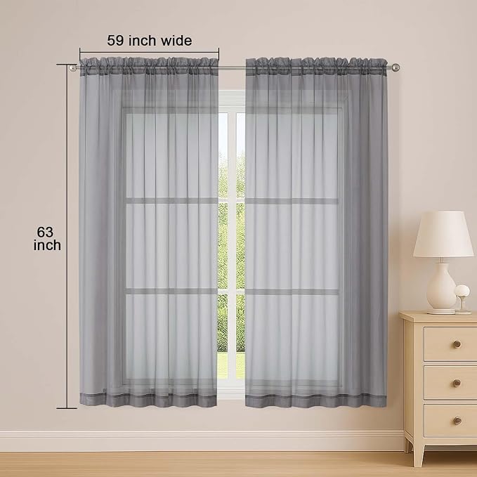 OWENIE Sheer Grey Curtains, Sheer Curtains 63 inch Length 2 Panels Set - Image 2