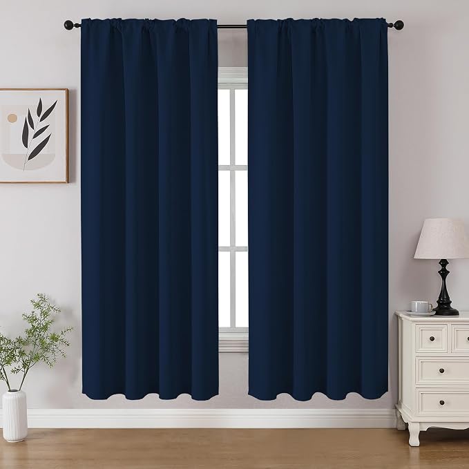 CUCRAF Navy Blue Blackout Curtains 63 inch Length 2 Panels Set, Rod Pocket Room by CUCRAF