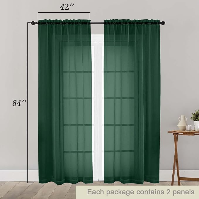 Hunter Green Sheer Curtains 84 Inches Long 2 Panels, Soft Airy Light Filtering - Image 2