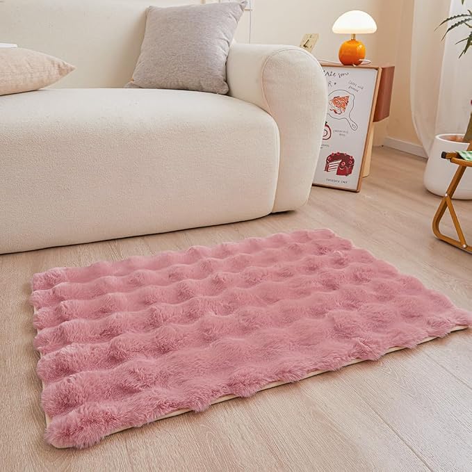 Pink Rabbit Plush Rug 2'x3', Fluffy Faux Fur Shaggy Area Rug by CHOVY
