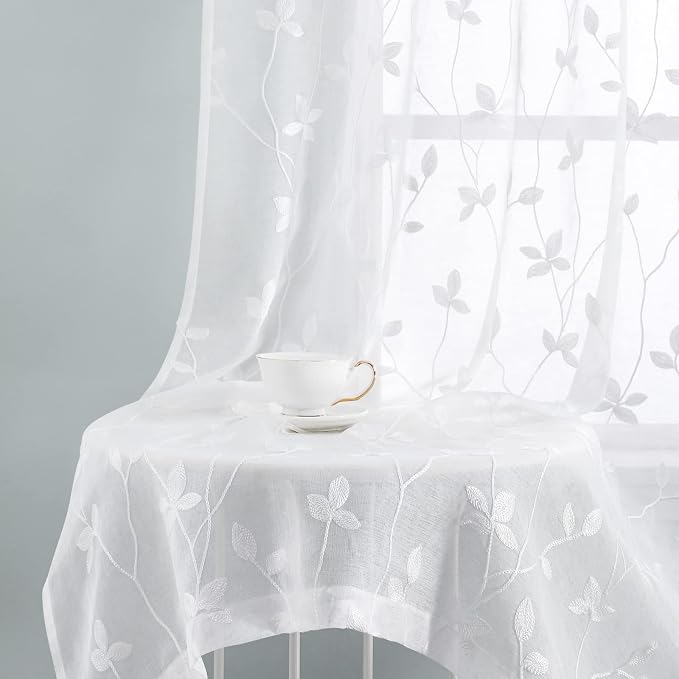 HOMEIDEAS White Sheer Curtains 52 X 96 Inches Length 2 Panels Embroidered Vine - Image 7