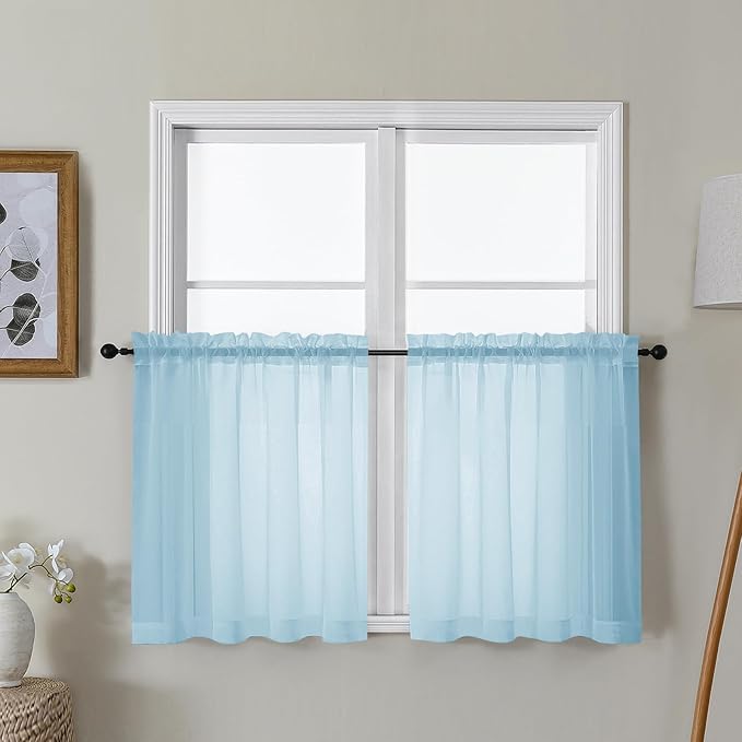 Gwine Sky Blue Sheer Curtain Tiers 24 Inch Length, Light Filtering Voile Short by Gwine