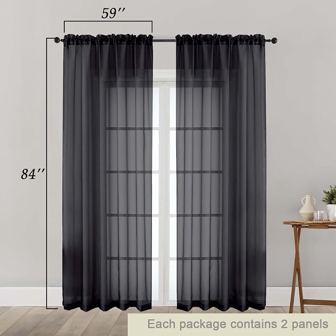 Black Sheer Curtains 84 Inches Long 2 Panels Set - Image 2