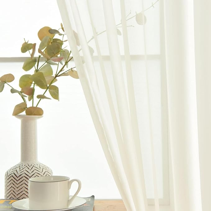 youleyar Solid Sheer Rod Pocket Curtain Voile Draperies 2 Panels White Beige - Image 6