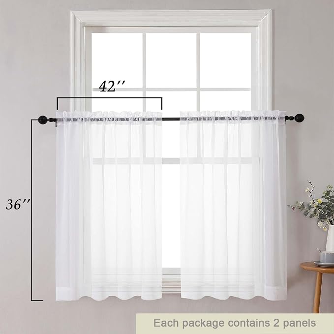 Cafe Curtains 36 Inch Length Tier 2 Pieces, Modern Soft Airy Sheer Kitchen - Image 2