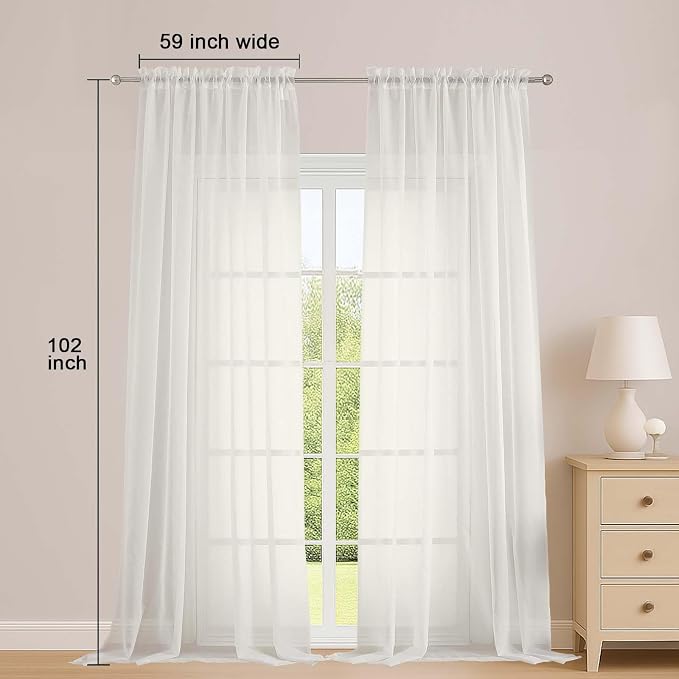 OWENIE Ivory Sheer Curtains 102 Inches Long 2 Panels Set, Sheer Curtain - Image 2