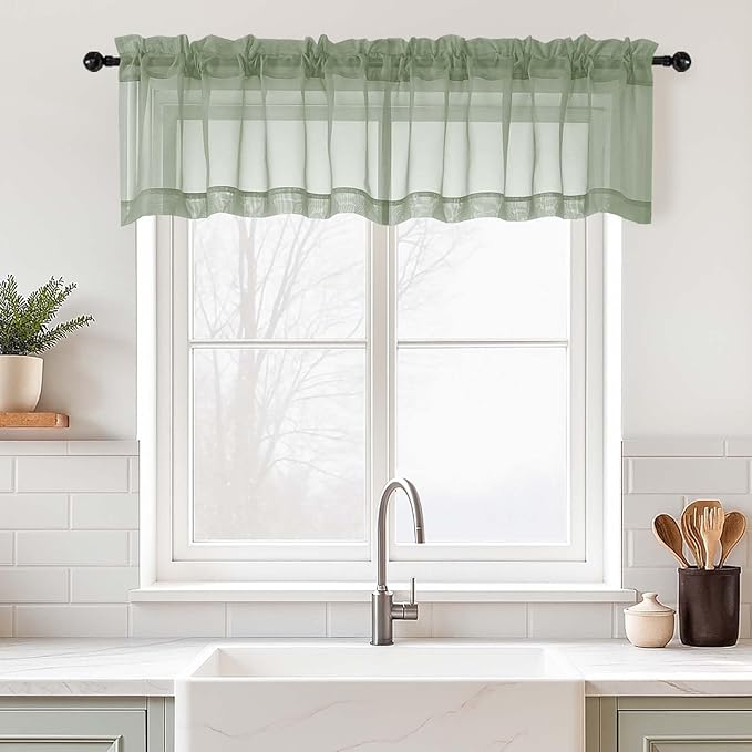 Sage Green Valances for Windows 14 inch Length 2 Panels, Small Voile Sheer by Home